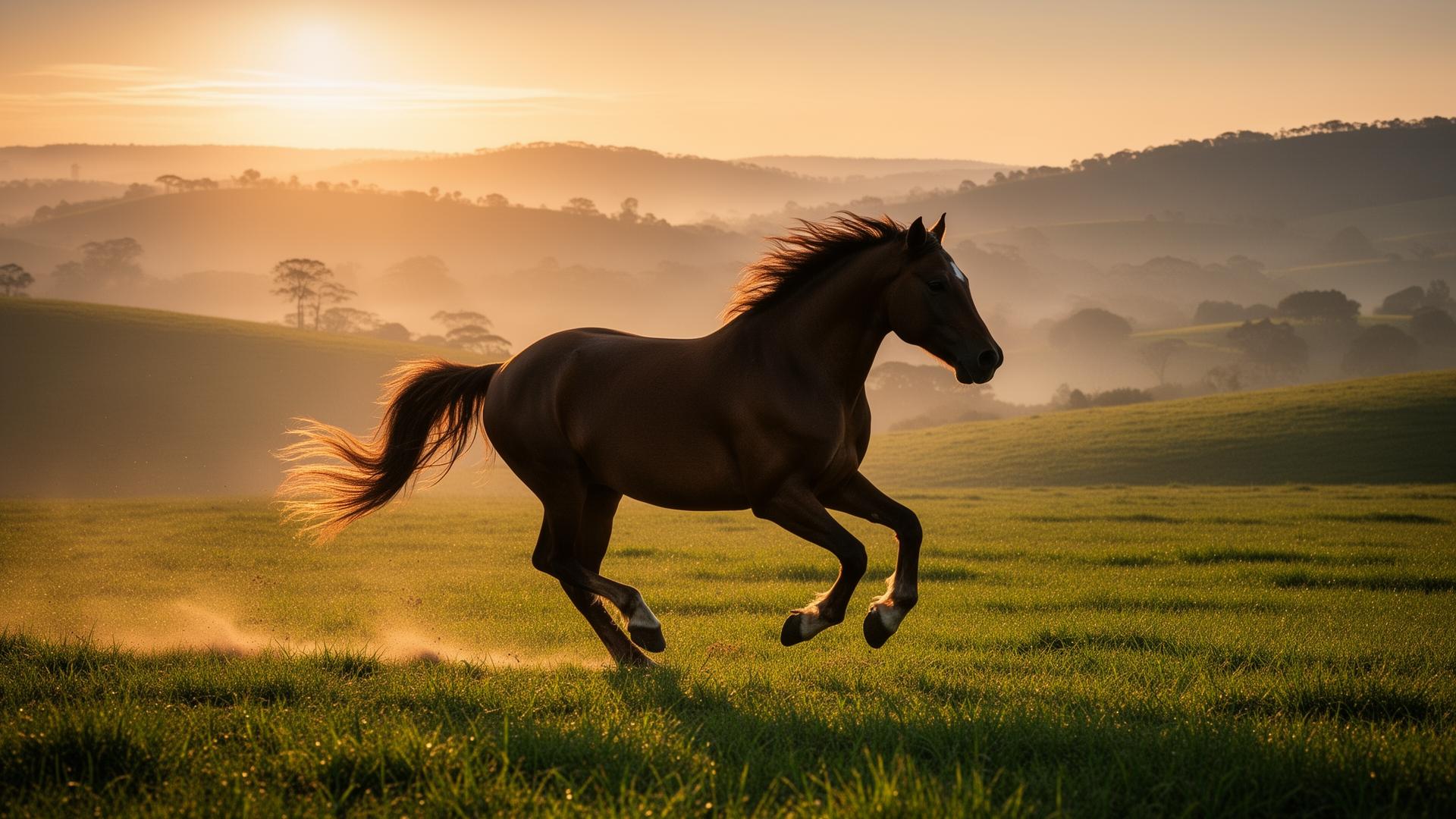 Cavalo galopando ao amanhecer no campo